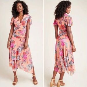 Maeve Anthropologie Simone Floral Asymmetrical Stretch Midi Dress Size XS